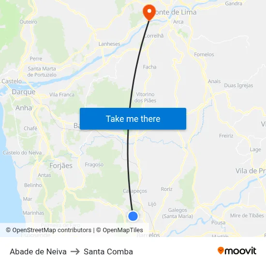 Abade de Neiva to Santa Comba map