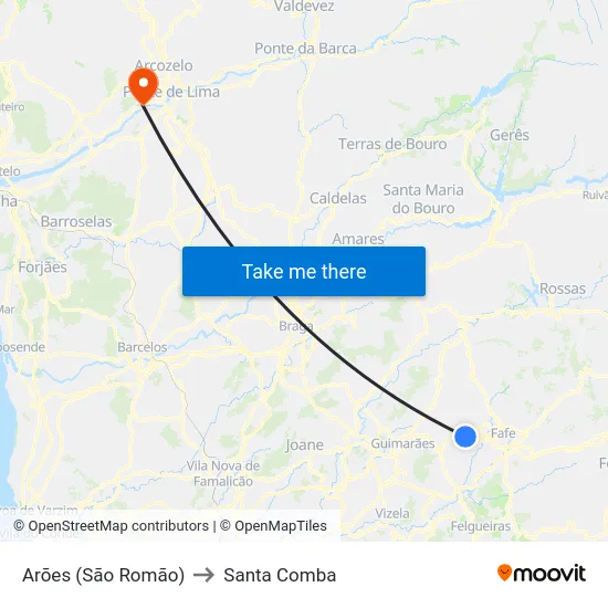 Arões (São Romão) to Santa Comba map