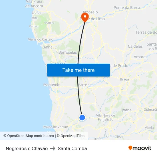 Negreiros e Chavão to Santa Comba map