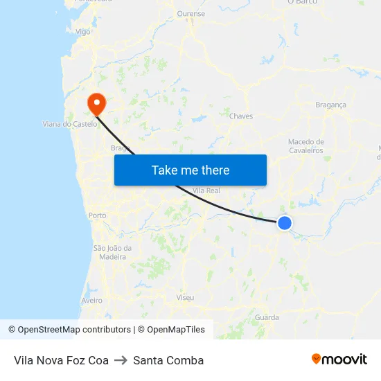 Vila Nova Foz Coa to Santa Comba map