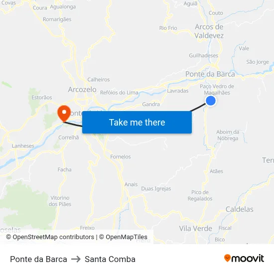 Ponte da Barca to Santa Comba map