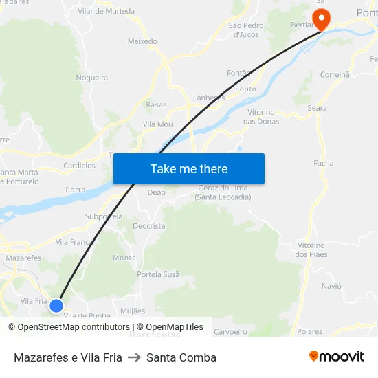 Mazarefes e Vila Fria to Santa Comba map