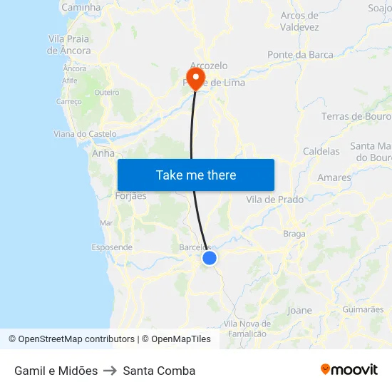 Gamil e Midões to Santa Comba map