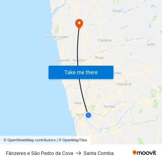 Fânzeres e São Pedro da Cova to Santa Comba map