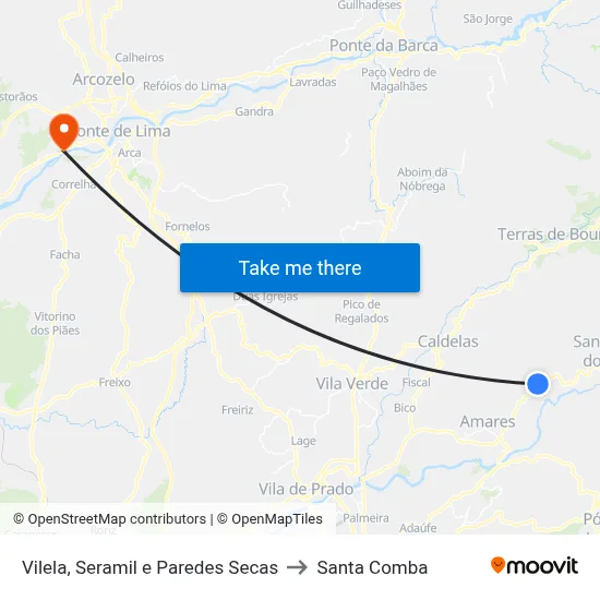 Vilela, Seramil e Paredes Secas to Santa Comba map