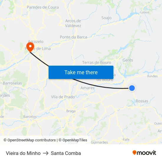 Vieira do Minho to Santa Comba map