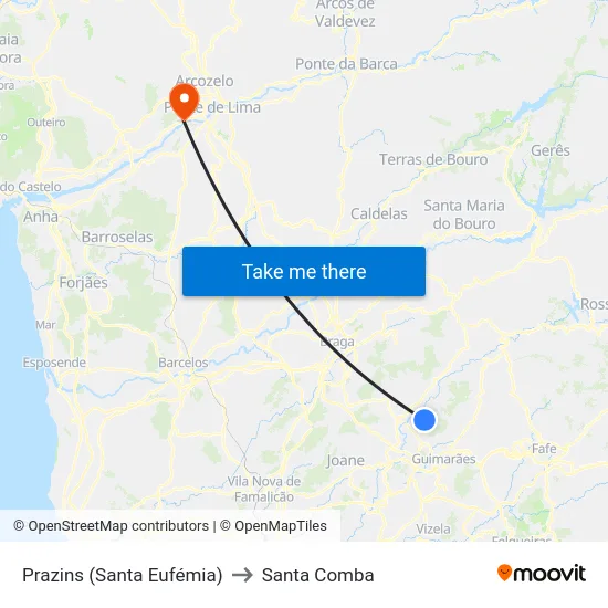 Prazins (Santa Eufémia) to Santa Comba map