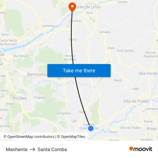Manhente to Santa Comba map