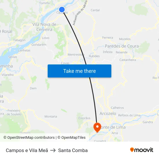 Campos e Vila Meã to Santa Comba map