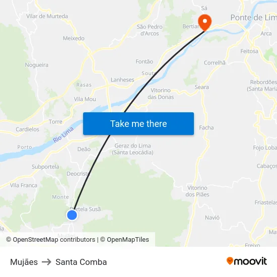 Mujães to Santa Comba map