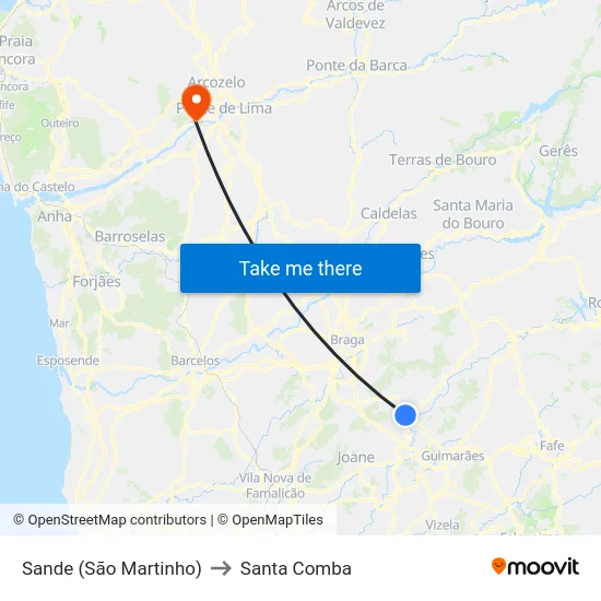 Sande (São Martinho) to Santa Comba map