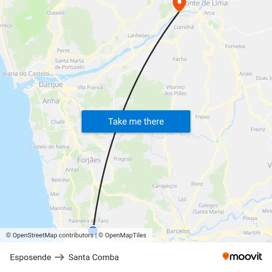 Esposende to Santa Comba map
