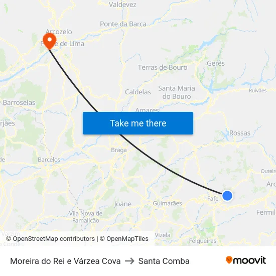 Moreira do Rei e Várzea Cova to Santa Comba map