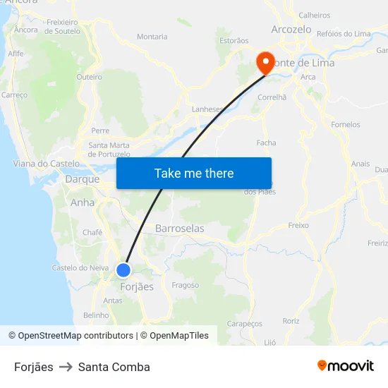 Forjães to Santa Comba map