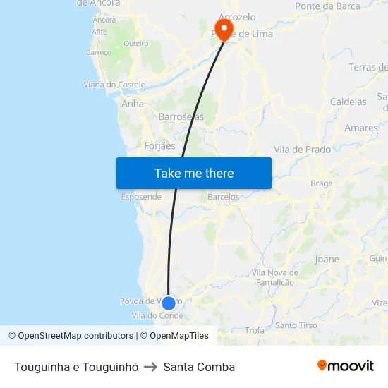 Touguinha e Touguinhó to Santa Comba map