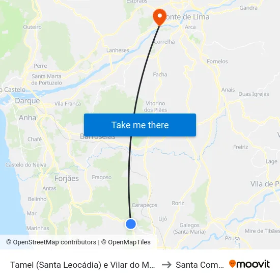 Tamel (Santa Leocádia) e Vilar do Monte to Santa Comba map