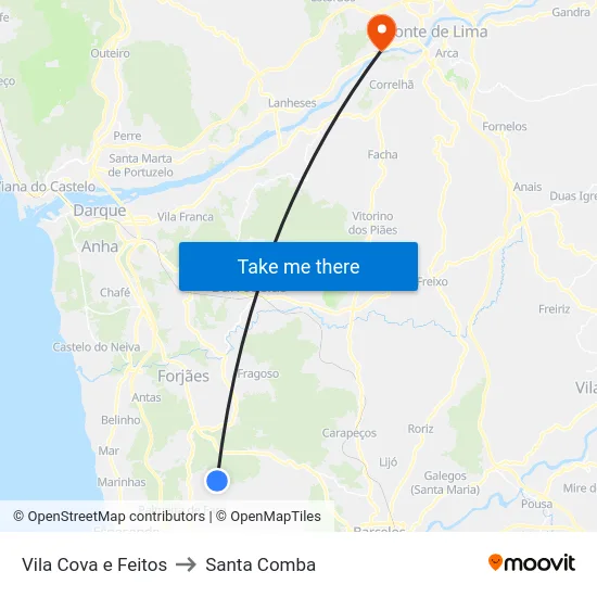 Vila Cova e Feitos to Santa Comba map