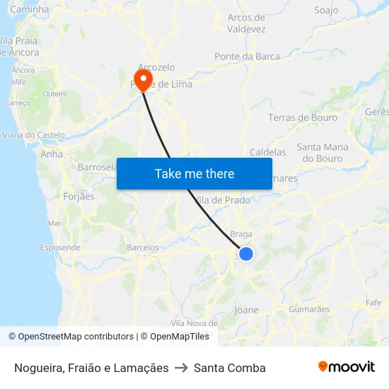 Nogueira, Fraião e Lamaçães to Santa Comba map