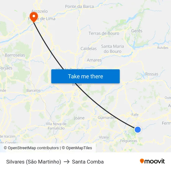 Silvares (São Martinho) to Santa Comba map