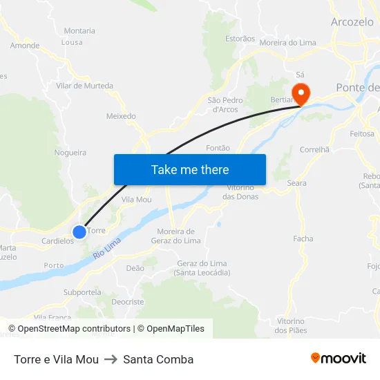 Torre e Vila Mou to Santa Comba map