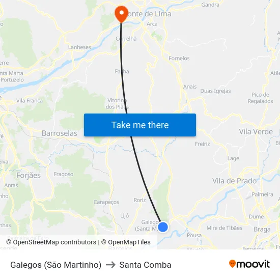 Galegos (São Martinho) to Santa Comba map