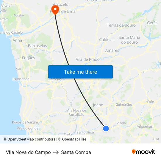 Vila Nova do Campo to Santa Comba map