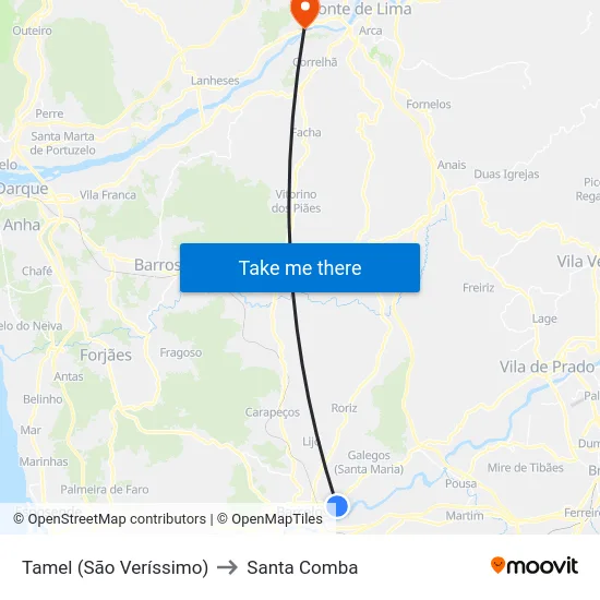Tamel (São Veríssimo) to Santa Comba map