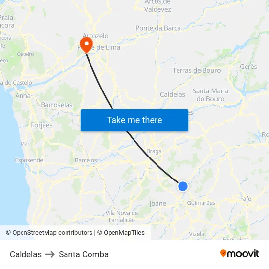 Caldelas to Santa Comba map