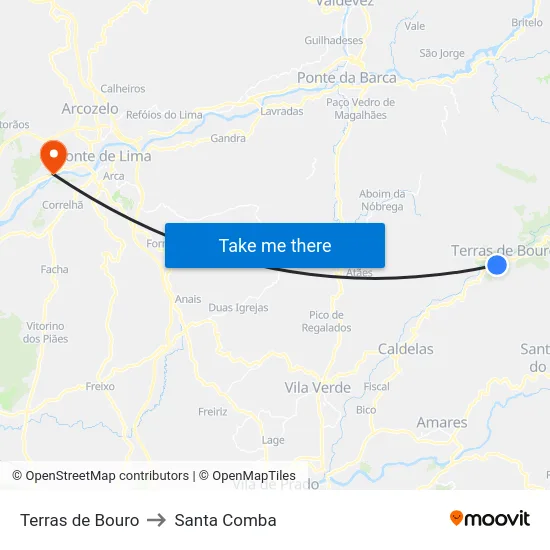 Terras de Bouro to Santa Comba map