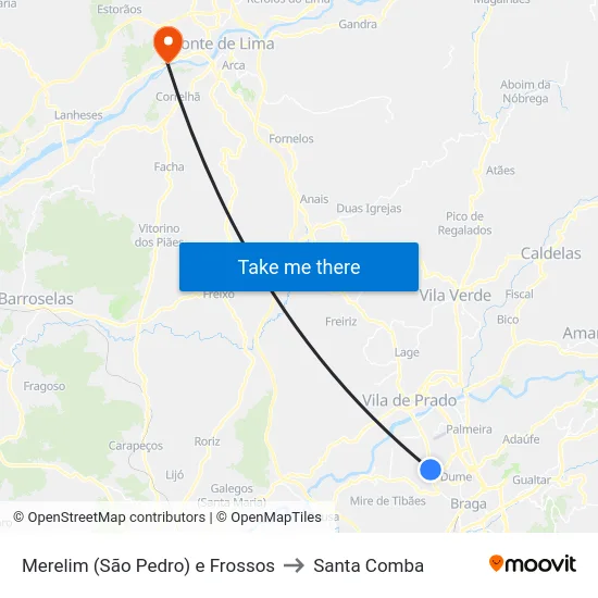 Merelim (São Pedro) e Frossos to Santa Comba map