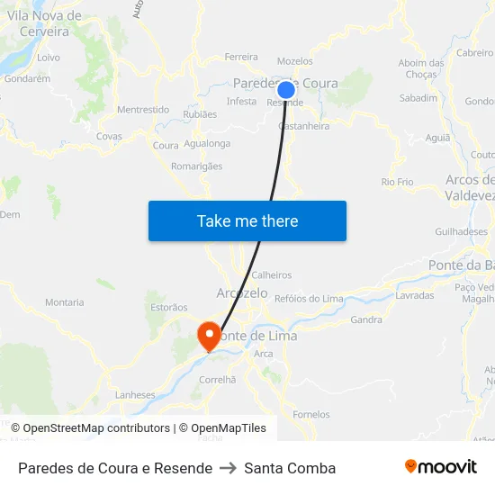 Paredes de Coura e Resende to Santa Comba map