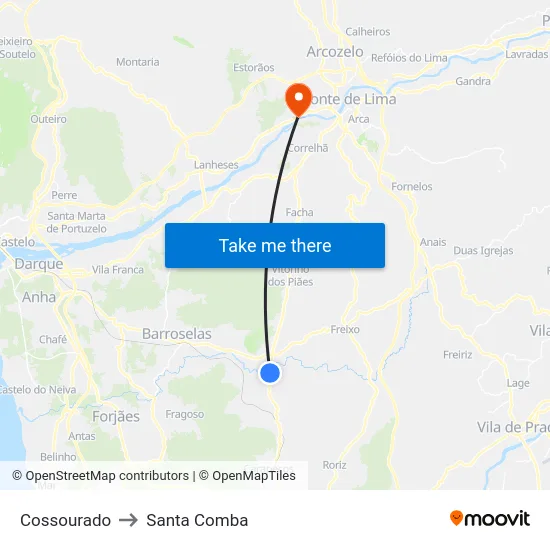 Cossourado to Santa Comba map