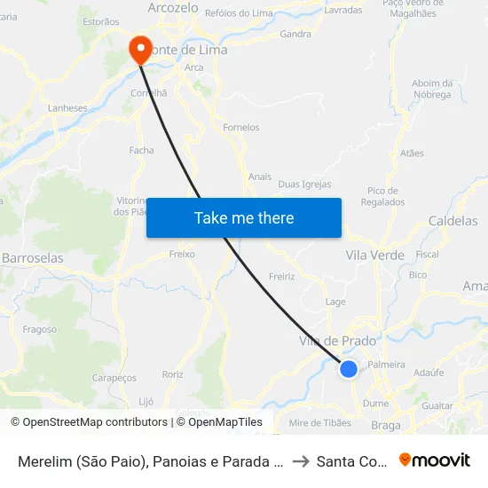 Merelim (São Paio), Panoias e Parada de Tibães to Santa Comba map