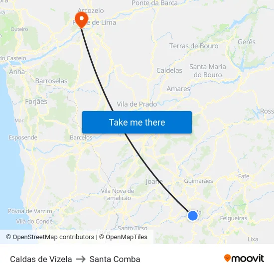 Caldas de Vizela to Santa Comba map