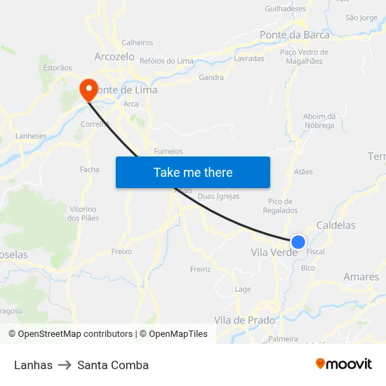 Lanhas to Santa Comba map