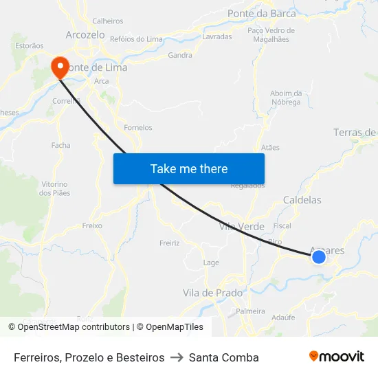 Ferreiros, Prozelo e Besteiros to Santa Comba map