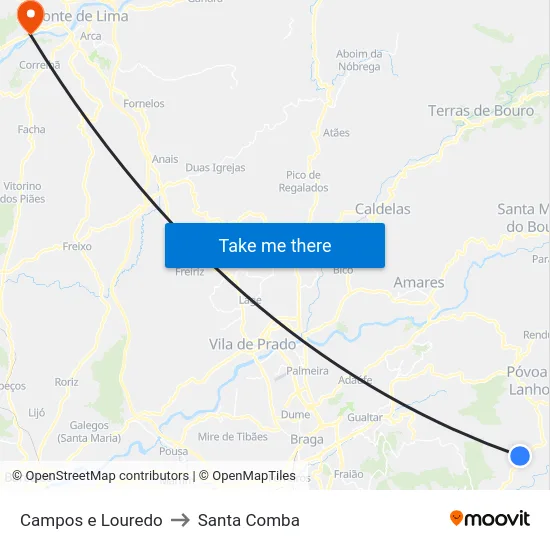 Campos e Louredo to Santa Comba map