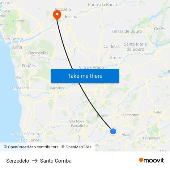Serzedelo to Santa Comba map