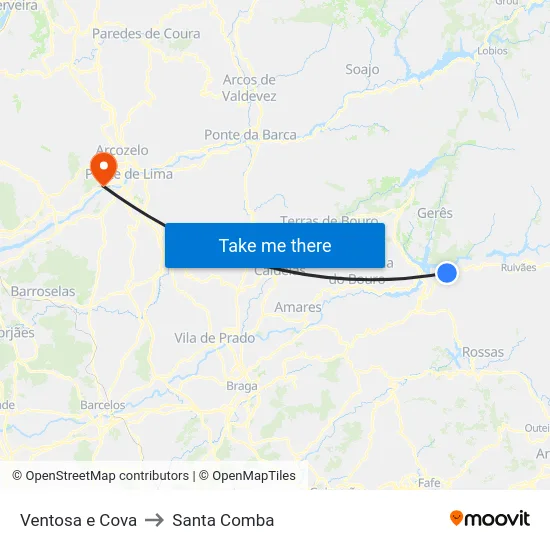 Ventosa e Cova to Santa Comba map