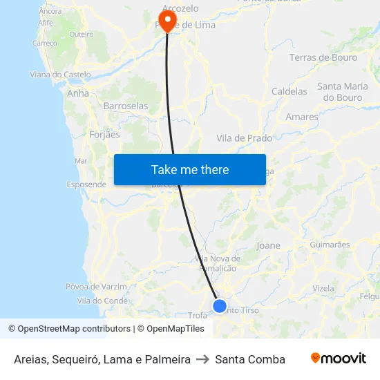 Areias, Sequeiró, Lama e Palmeira to Santa Comba map
