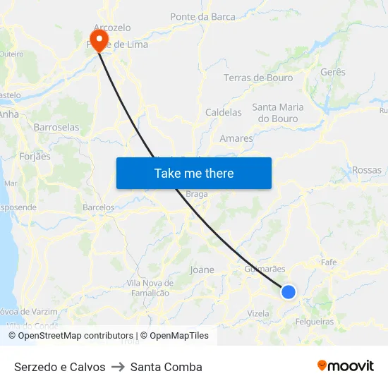 Serzedo e Calvos to Santa Comba map