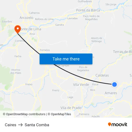 Caires to Santa Comba map