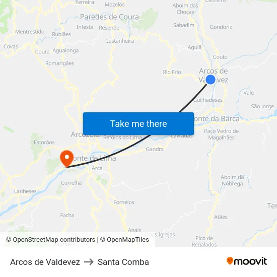 Arcos de Valdevez to Santa Comba map