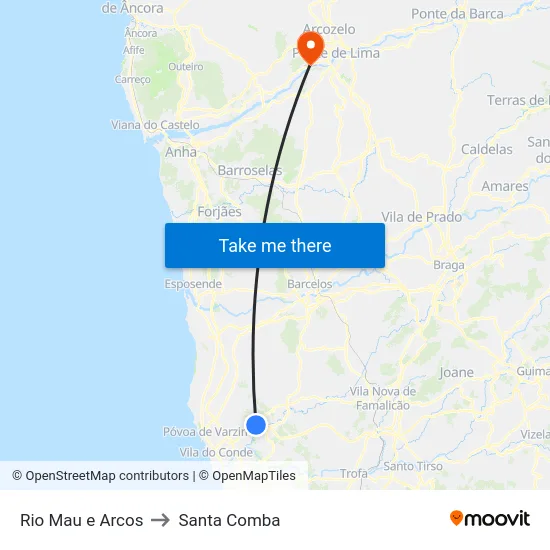 Rio Mau e Arcos to Santa Comba map