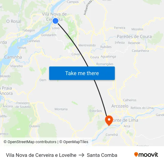 Vila Nova de Cerveira e Lovelhe to Santa Comba map
