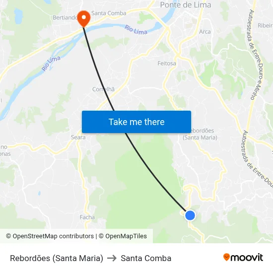 Rebordões (Santa Maria) to Santa Comba map