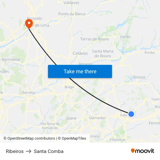 Ribeiros to Santa Comba map