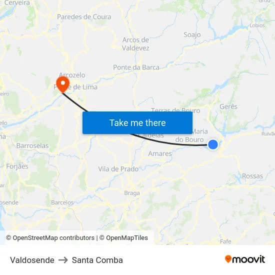 Valdosende to Santa Comba map