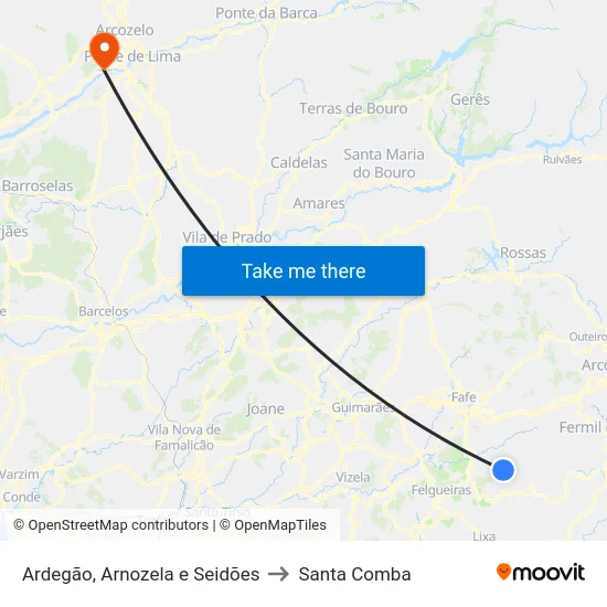 Ardegão, Arnozela e Seidões to Santa Comba map