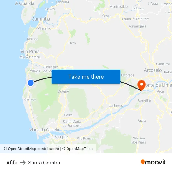 Afife to Santa Comba map